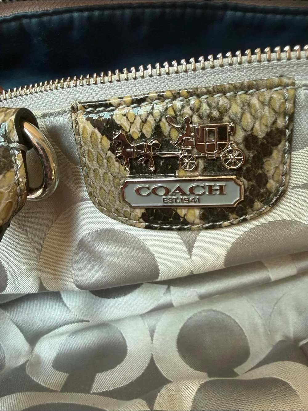 100% Authentic Coach Gray & Snake-Print Trim Satchel